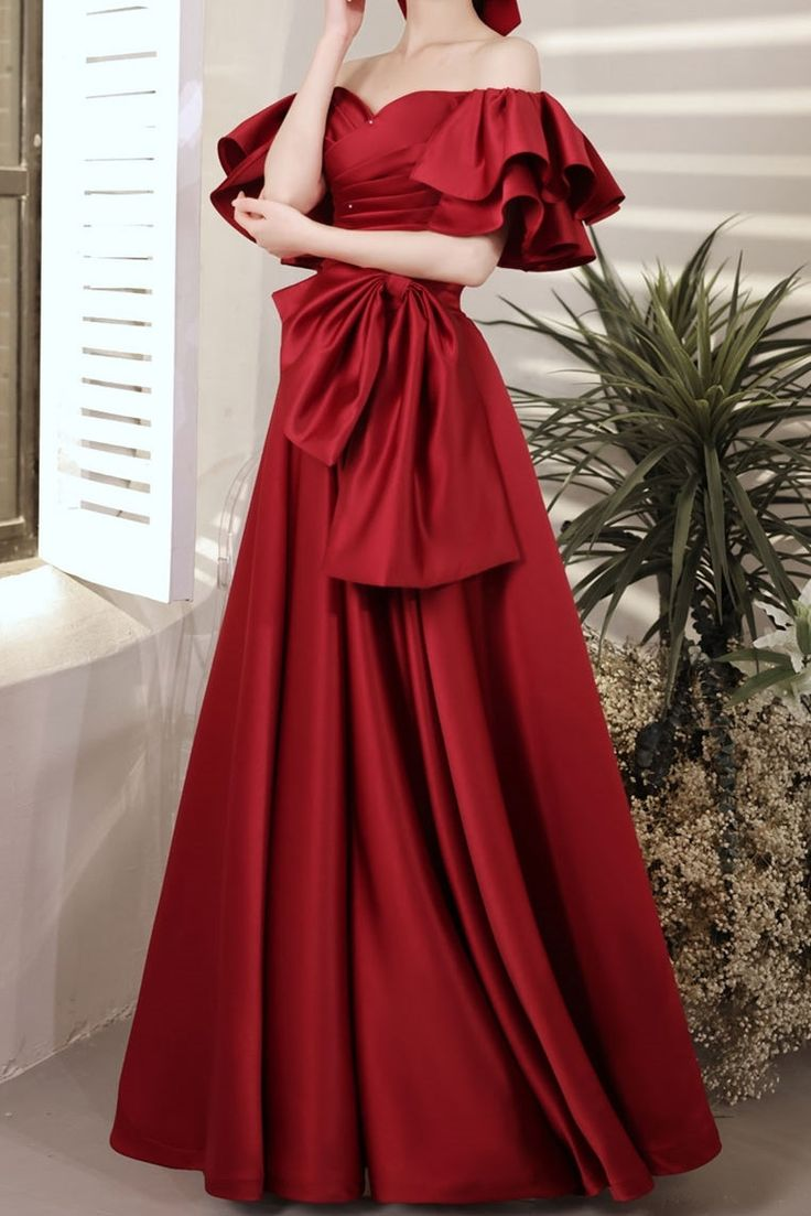 Red Satin Ball Gown With Bell Sleeves And Lace UP Back Long Prom Dress Y6067