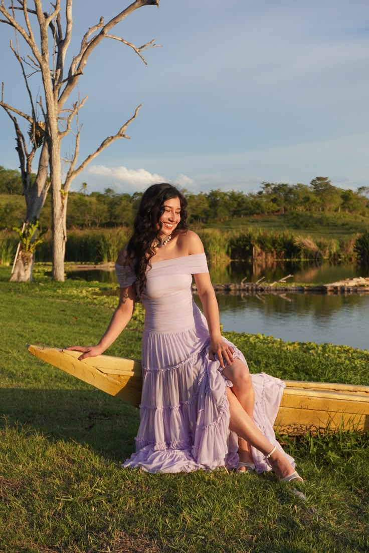 Classy Off the Shoulder Chiffon Tiered Prom Gown Lavender Long Evening Dresses SP2103