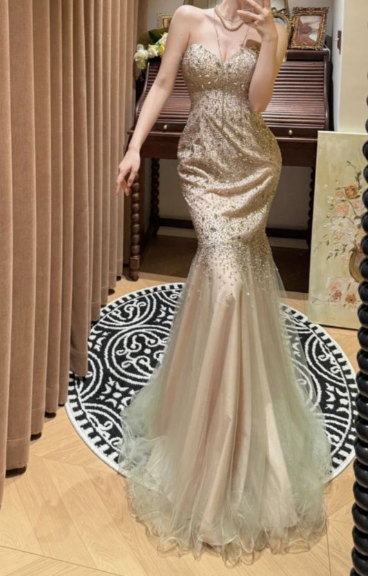 Fashion Strapless Champagne Tulle Beaded Mermaid Party Dress Long Birthday Prom Gown SP1087