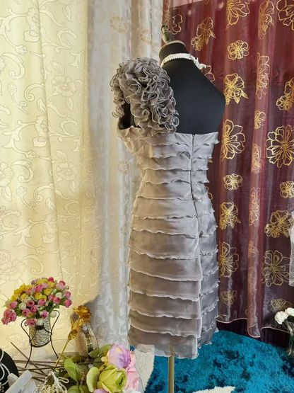 Vintage Silver Gray Chiffon Ruffle Layered Cocktail Dress One Shoulder Formal Graduation Homecoming Dress Y9184