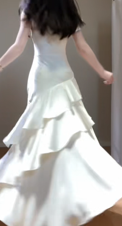Elegant Off The Shoulder White Satin Ruffles Mermaid Party Dress Long Wedding Guest Dress SP422