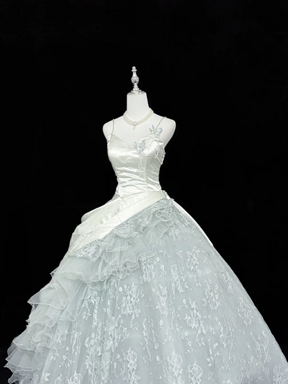 Pretty Spaghetti Straps Tulle Lace Satin Sweet 15 Dress Ice Blue Quinceanera Dress SP2214