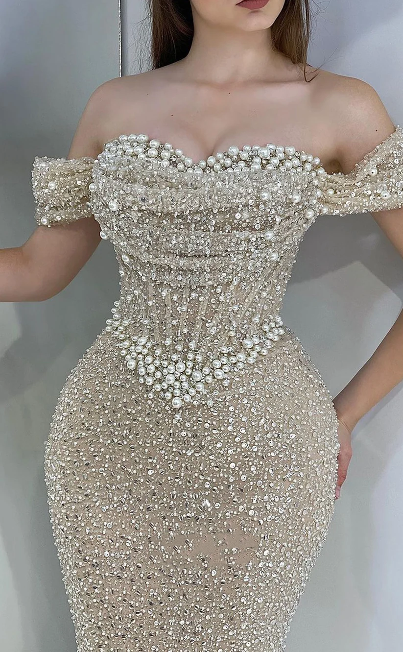 Elegant Light Champagne Mermaid Party Dress Off The Shoulder Beaded Long Evening Gowns SP4197