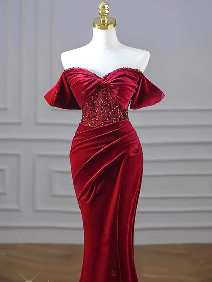 Charming Burgundy Velvet Mermaid Prom Dress Y6602