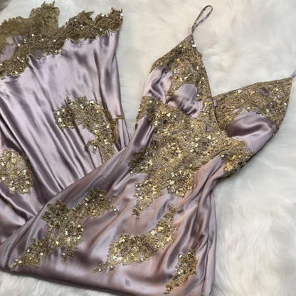 Classy Spaghetti Straps Purple Satin Gold Appliques Side Slit Long Prom Dress Party Dress Y9715