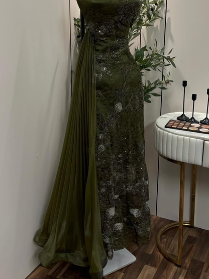 Vintage Olive Green Lace Sequin Beaded Sheath Long Party Dress Halter Birthday Prom Gowns SP2275