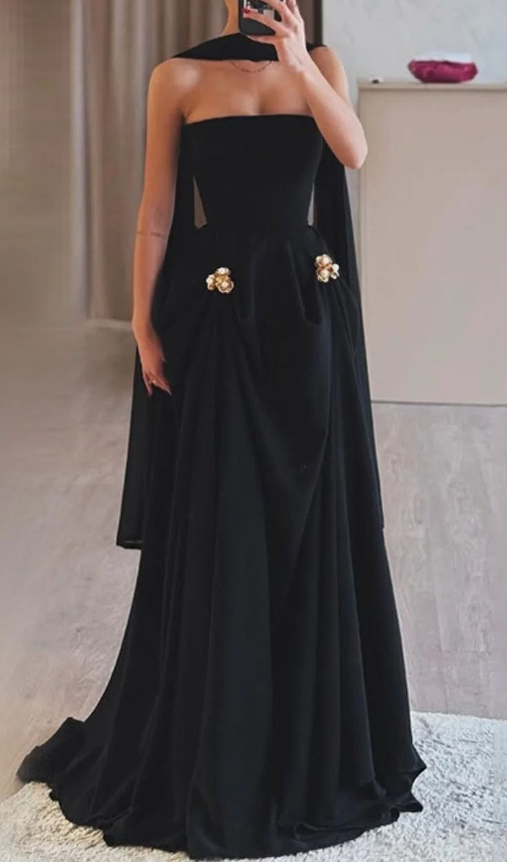 Classy Black Strapless A Line Long  Birthday Prom Dress Evening Gown SP1069