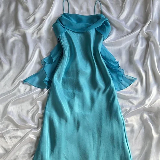 Classy Blue Spaghetti Straps Satin Chiffon Long Prom Dress Evening Dress Y9770