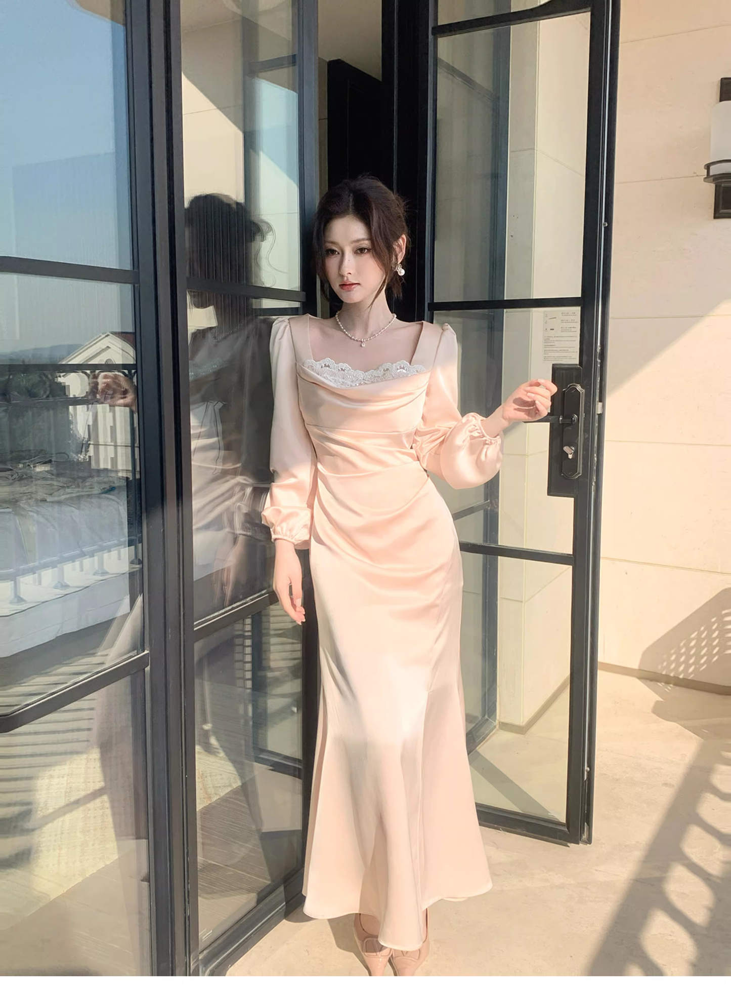 Sweet Lace Neck Pink Satin Mermaid Long Prom Dress Formal Evening Dress Birthday Dress SP1541