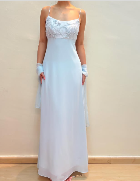 Elegant Pastel Blue Straps Chiffon Appliques Beaded Prom Evening Dress Y8142