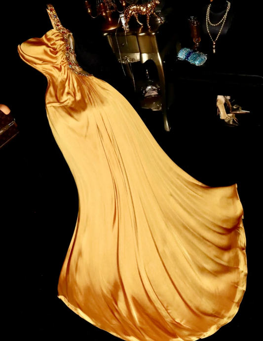 Vintage One Shoulder Orange Satin Beaded Mermaid Prom Dress Long Party Dress SP676