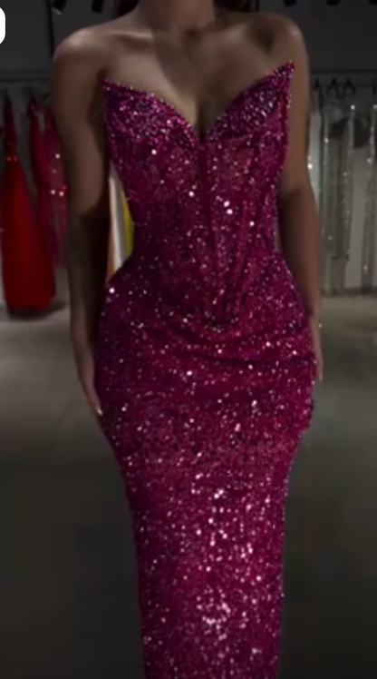 Sparkly Hot Pink Sequin Beaded Mermaid Long Party Dress,Strapless Prom Gown SP3105