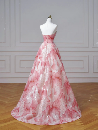 Dream Pink Strapless Satin Print Sequins Prom Dress,Princess Birthday Ball Gown Y8604