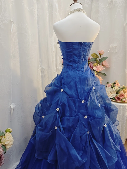 Elegant Royal Blue Ball Gown Strapless Satin Tulle Pleated Sequin Beaded Long Party Dress Birthday Dress SP2263