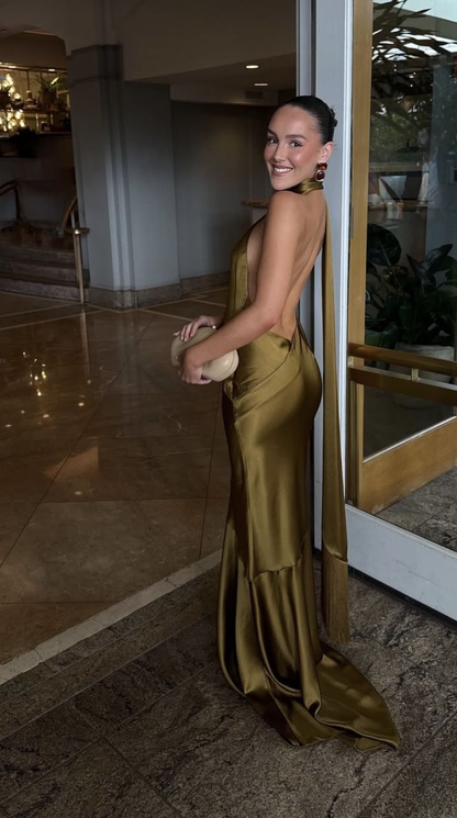 Sexy Olive Green Halter Satin Mermaid Evening Dress Backless Long Wedding Guest Dress SP1100
