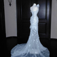 Dream Blue Tulle Beaded Appliques Long Prom Dress,Slit Mermaid Evening Dress Wedding Dress Y8668