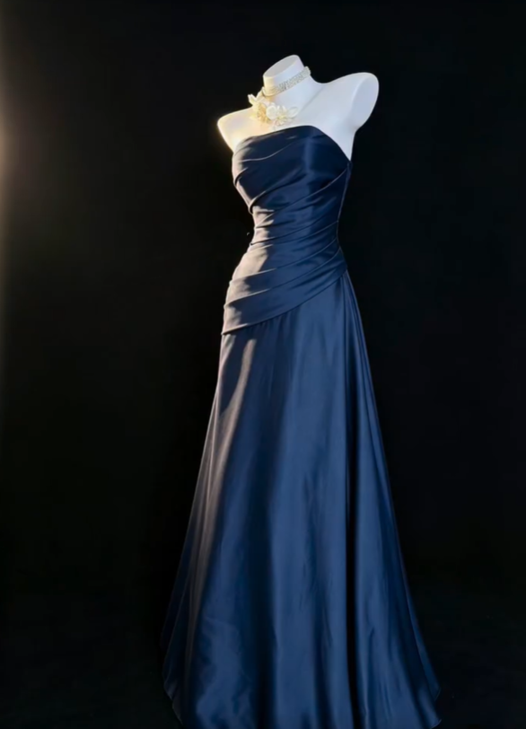 Fashion Strapless Satin Pleated Long Party Dress,Navy Blue A Line Long Prom Gown SP2762