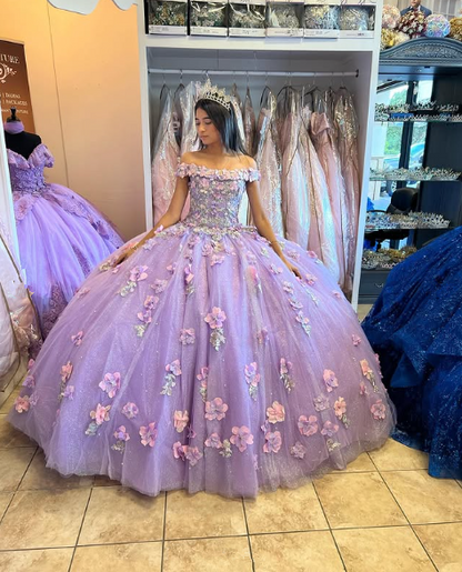 Lavender Applique Off Shoulder Shiny Elegant Tulle Ball Gown 3D Flowers Princess Dress Sweet 15th Y285