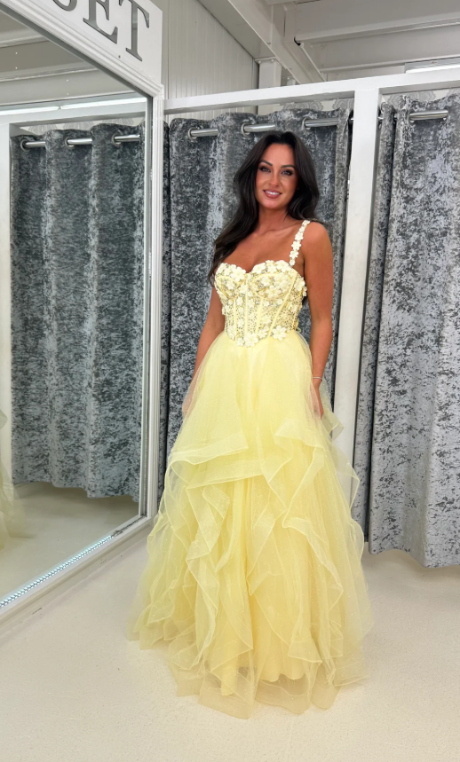 Cute Spaghetti Straps Yellow Tulle Beaded Lace Appliques Formal Prom Dress Party Dress SP642