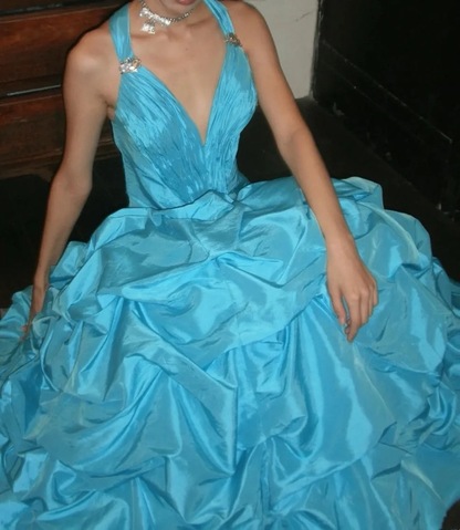 Pretty V-neck Satin Pleated Blue Long Birthday Party Dress Prom Gown SP3835