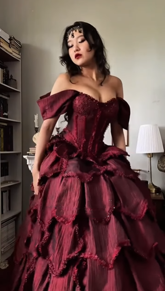 Vintage Off The Shoulder Satin Beaded Petals Layered Ball Gown Burgundy Quinceanera Dress Sweet 16 Dress SP2252