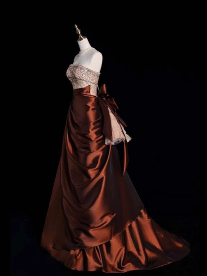 Vintage Strapless Satin Beaded  A Line Evening Dress Prom Gown Y8795