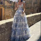 A-line Blue Floral Print Long Prom Dress,Blue Evening Dress  Y2560