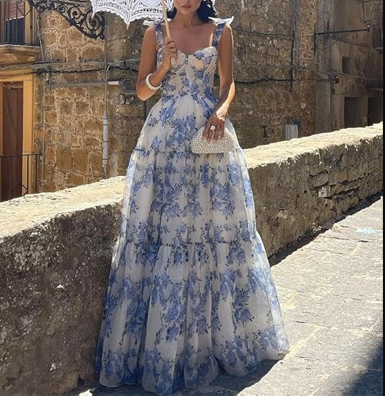 A-line Blue Floral Print Long Prom Dress,Blue Evening Dress  Y2560