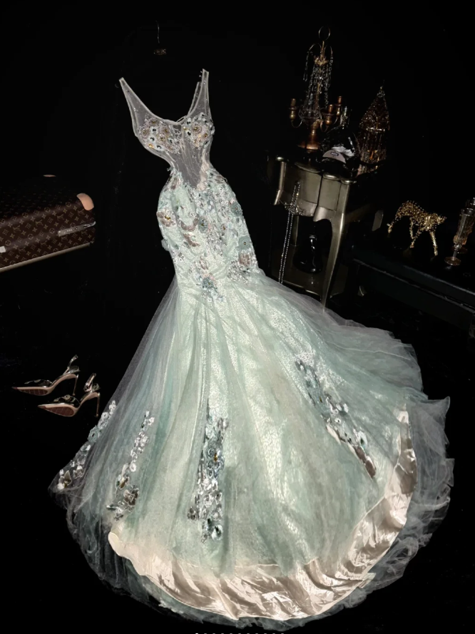 Beautiful Tulle Applique Beaded Mermaid Long Prom Gown Birthday Party Dress SP820