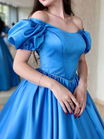 Blue Satin Long Prom Dress, A Line Long Graduation Dresses Y4600