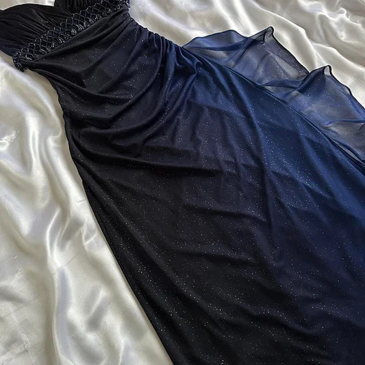 Vintage Ombre Blue Chiffon Beaded Long Prom Gown Evening Dress Y9744