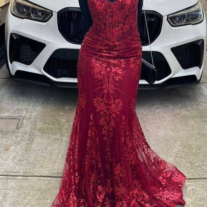 Charming Red Mermaid Lace Appliques Prom Dress,Evening Dress,Winter Dance Dress Y4345