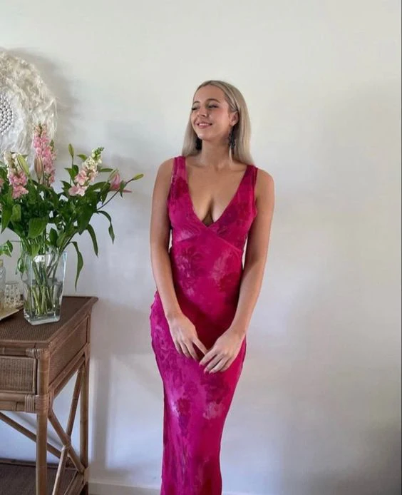 Elegant Deep V Neck Print Floral Evening Dress,Prom Gown Y4548