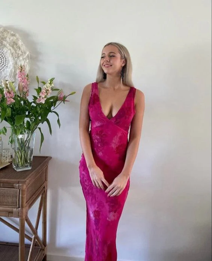 Elegant Deep V Neck Print Floral Evening Dress,Prom Gown Y4548