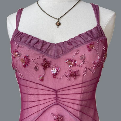 Pretty Spaghetti Straps Pink Tulle Beaded Mid-Length A Line Birthday Prom Dress Evening Gowns SP2105