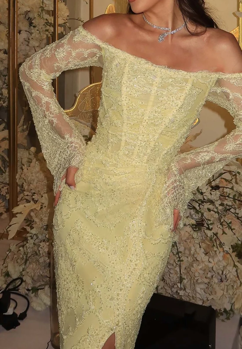 Pretty Off-Shoulder Yellow Lace Slit Sheath Long Party Dress SP4209