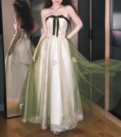 Vintage Strapless Green Tulle Lace A Line Birthday Dress Long Party Gowns SP2099