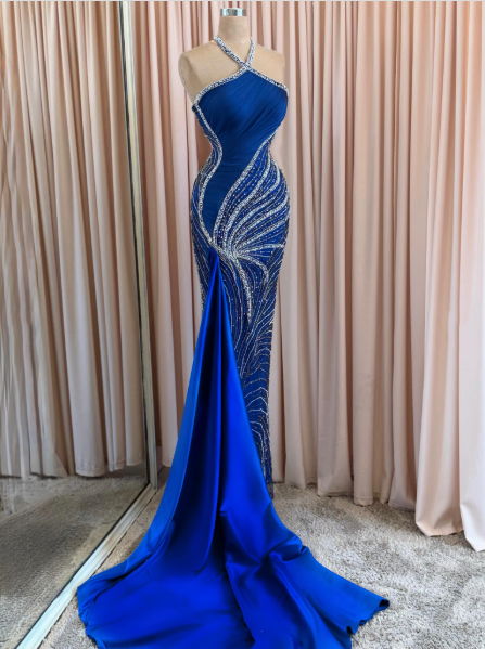 Gorgeous Blue Satin Beaded Sequin Mermaid Long Party Dress Halter Slit Long Prom Dresses SP4051