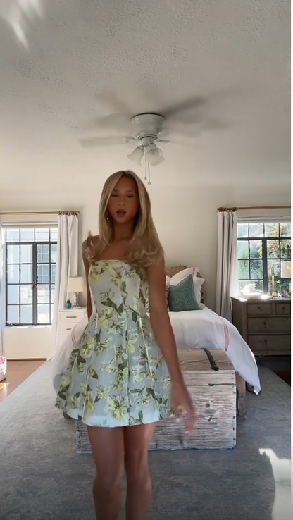 Unique Light Green Satin Print Floral A Line Short Graduation Homecoming Dress,Strapless Short Prom Gown SP3090