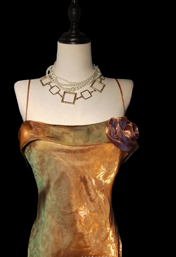 Vintage Spaghetti Straps Gold Satin Mermaid Evening Dress Long Prom Gown SP473