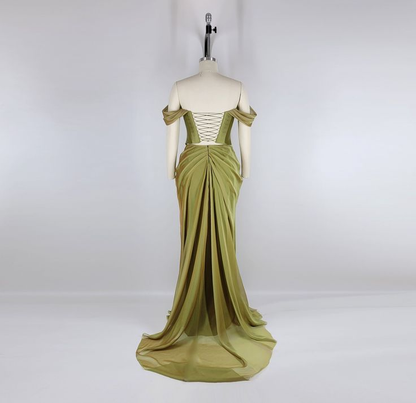 Elegant Green Satin Pleated Party Dress,Off The Shoulder Mermaid Evening Dress Bridesmaid Dress Y8737