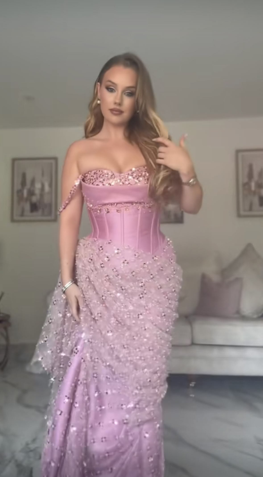 Gorgeous Off The Shoulder Satin Sequin Beaded Mermaid Long Party Dress Pink Long Birthday Prom Dresses SP3733