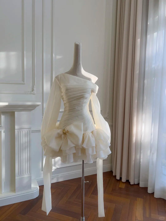 Elegant Cream White Tulle Pleated Short Homecoming Dress,One Shoulder Ruffles Mini Birthday Dress SP2603