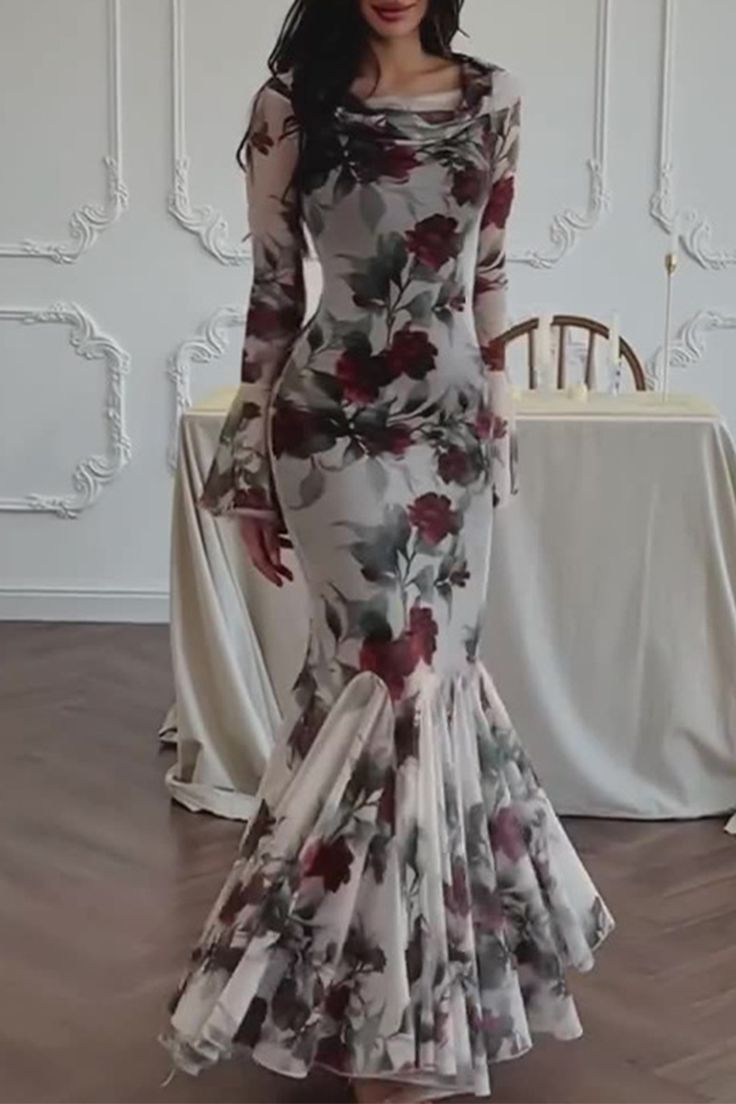 Vintage Flowers Print Mermaid Square Neck Long Evening Dress Formal Prom Dress Y7740