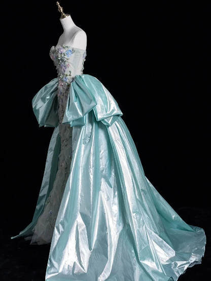 Charming Strapless Tulle Floral Mermaid Long Party Dress Mint Green Long Evening Dresses SP4102