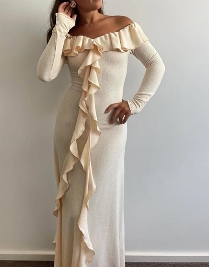 Classy Off The Shoulder Ruffles Cream Long Prom Dress Slit Party Evening Dress Y7975