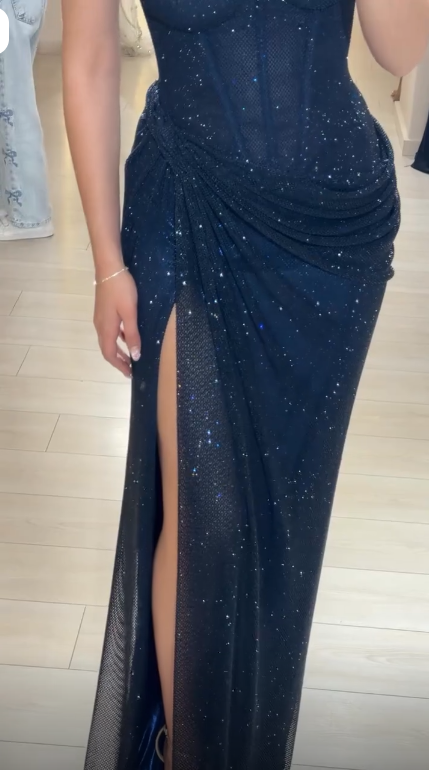 Classy Spaghetti Strap Navy Blue Tulle Sequin High Slit Long Party Dress Prom Gown SP4000