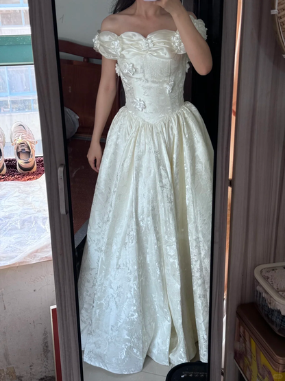 Elegant White Off The Shoulder Satin Print Floral Long Party Dress 16th Birthday Dress SP2069