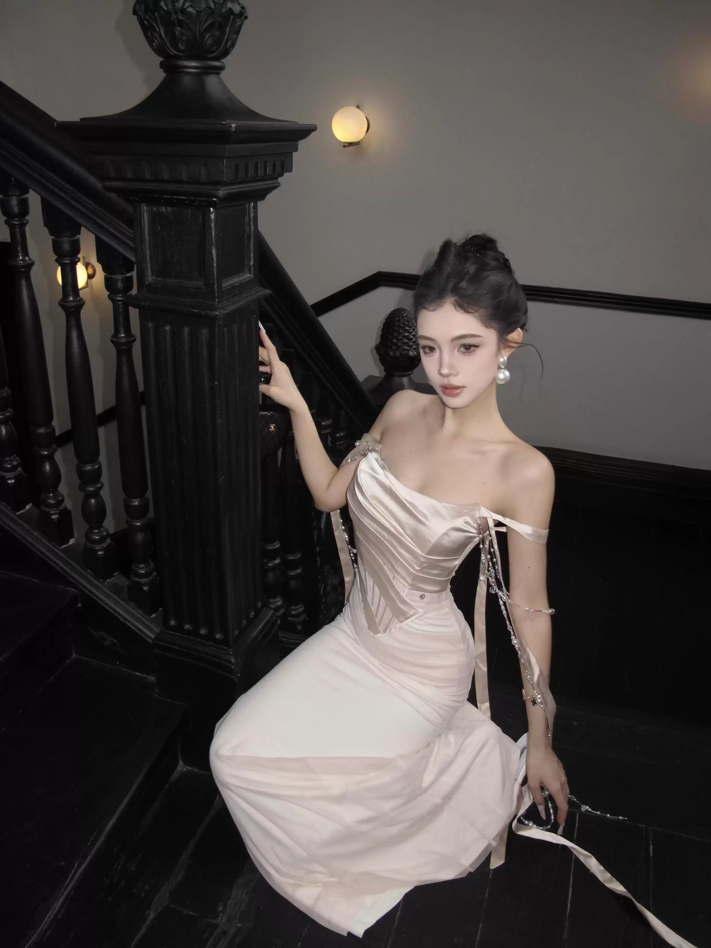 Classy Off The Shoulder Creamy Apricot Satin Tulle Pleated Mermaid Long Wedding Guest Dress Sexy Evening Dress SP2023