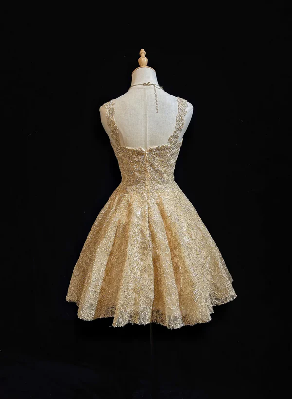 Gorgeous Gold Lace A Line Short Homecoming Dress 18th Birthday Outfits Y9687
